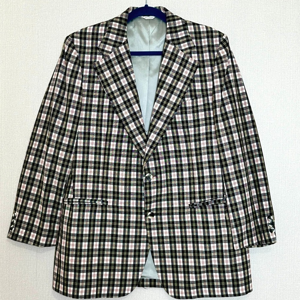 Mens Tartan Plaid Black White Red Sport Coat Blazer VTG Anderson Little‎ Small